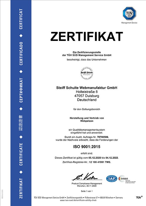 Steiff Schulte Zertifikat ISO 9001:2015, 2023